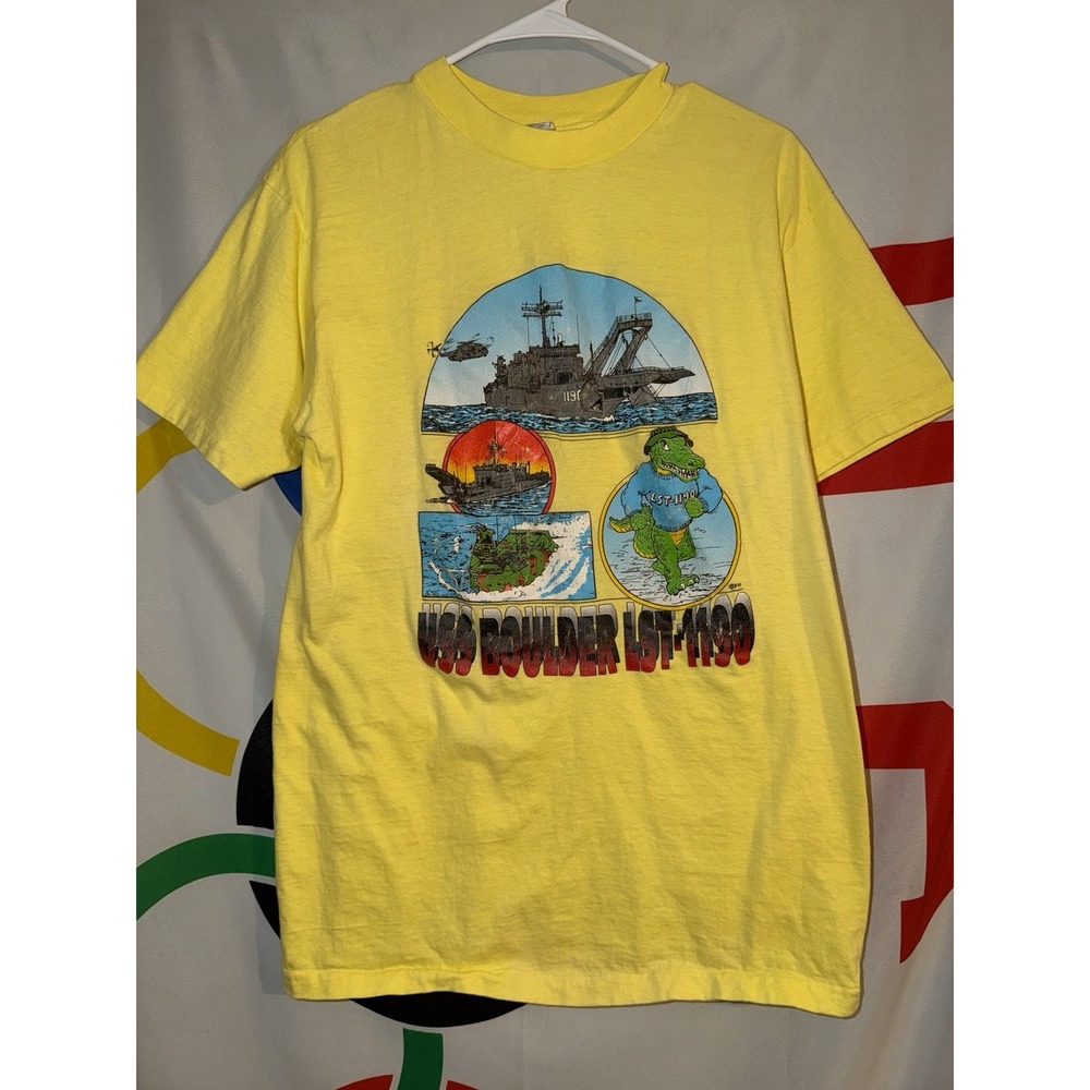 Vintage USS Boulder LST-1190 T Shirt Large Yellow Hanes 90s FFI Military Gator
